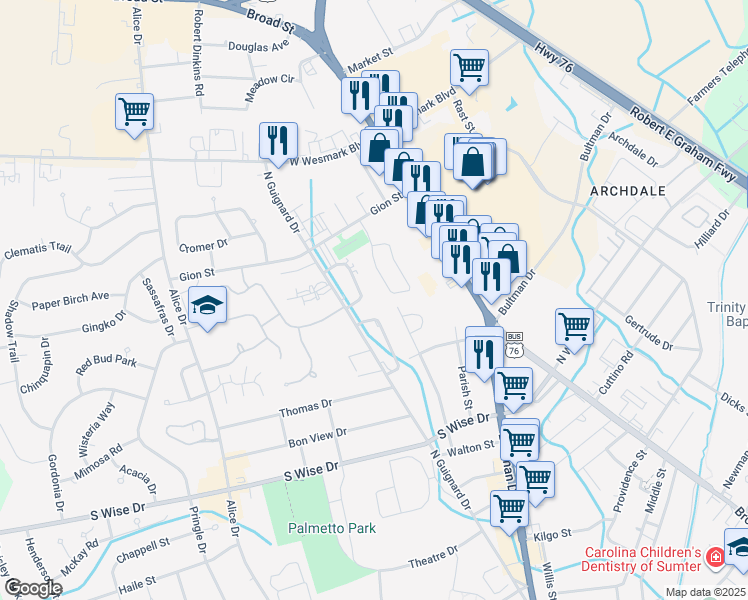 map of restaurants, bars, coffee shops, grocery stores, and more near 1010 Jessamine Trail in Sumter