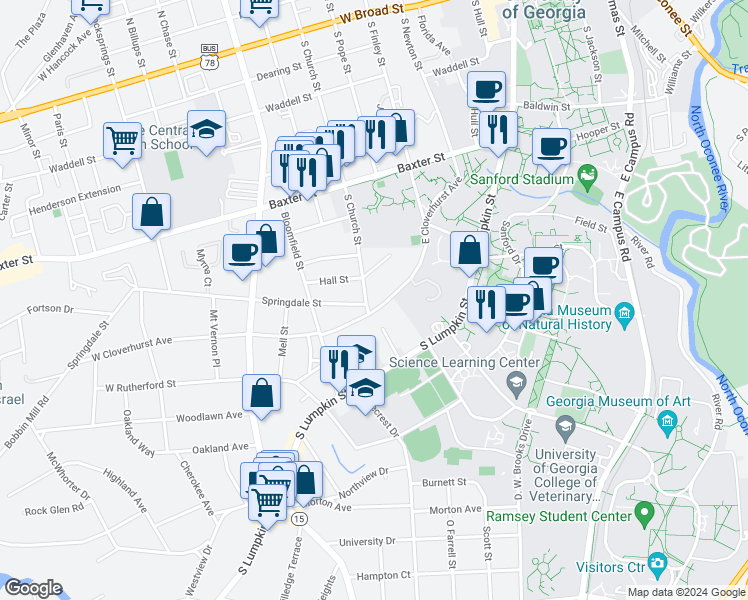 map of restaurants, bars, coffee shops, grocery stores, and more near 247 East Cloverhurst Avenue in Athens