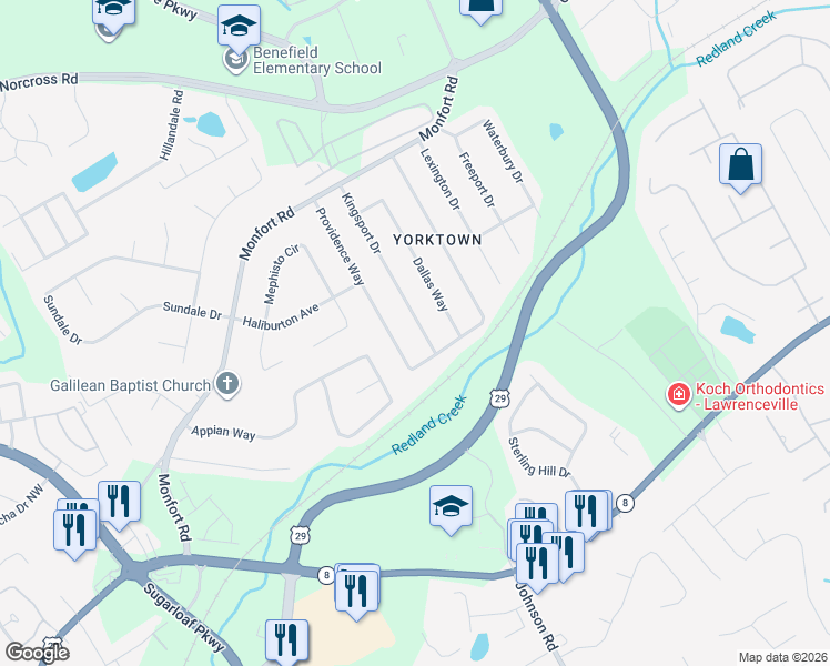 map of restaurants, bars, coffee shops, grocery stores, and more near 226 Kingsport Drive in Lawrenceville
