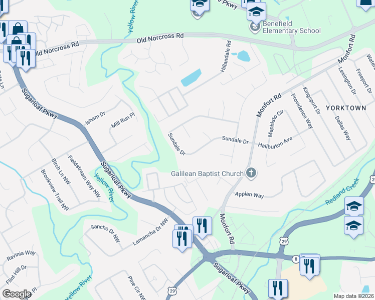 map of restaurants, bars, coffee shops, grocery stores, and more near 436 Casey Court in Lawrenceville