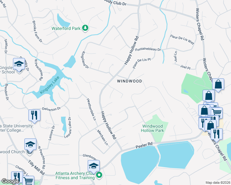 map of restaurants, bars, coffee shops, grocery stores, and more near 5063 Chestnut Forest Court in Atlanta