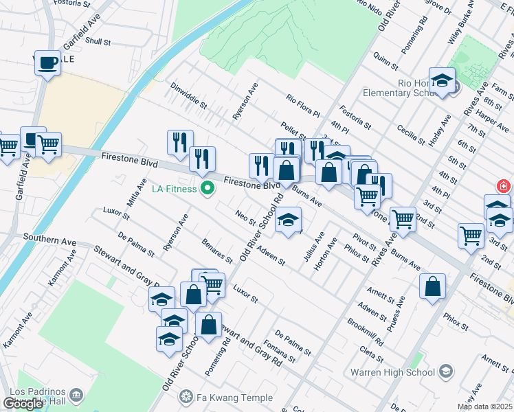 map of restaurants, bars, coffee shops, grocery stores, and more near 7320 Firestone Boulevard in Downey