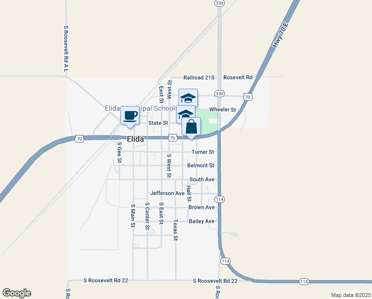 map of restaurants, bars, coffee shops, grocery stores, and more near 103 South Church Street in Elida