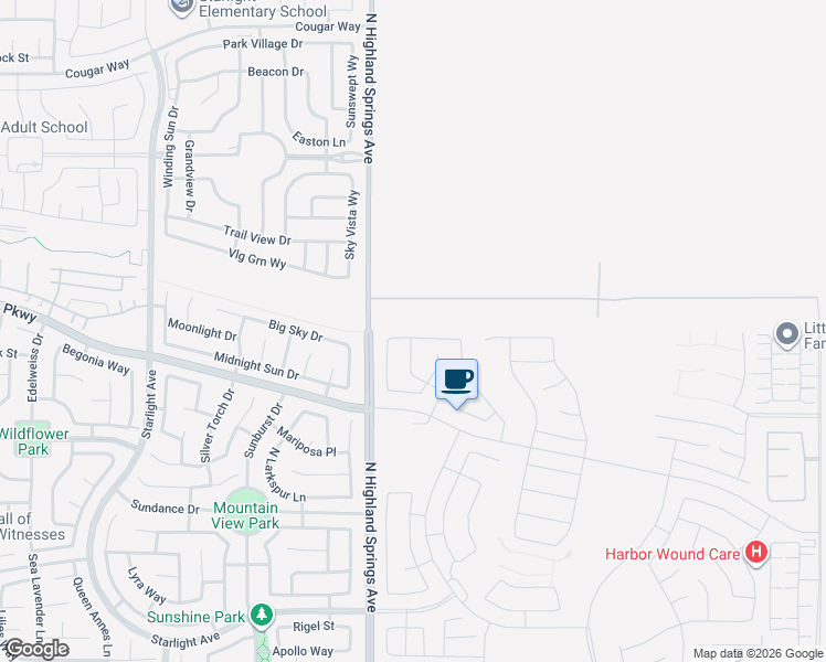 map of restaurants, bars, coffee shops, grocery stores, and more near 6241 Umbra Road in Banning