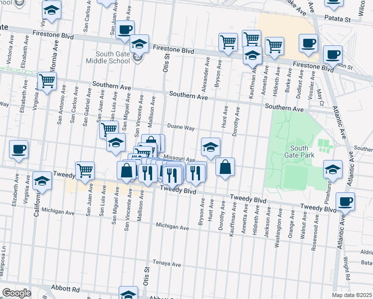 map of restaurants, bars, coffee shops, grocery stores, and more near 9616 Bowman Avenue in South Gate