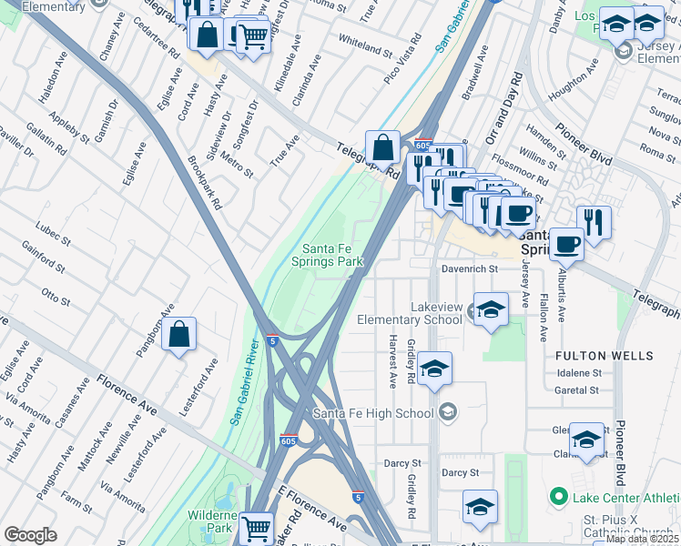 map of restaurants, bars, coffee shops, grocery stores, and more near 11127 Davenrich Street in Santa Fe Springs
