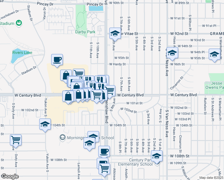 map of restaurants, bars, coffee shops, grocery stores, and more near 9821 South 8th Avenue in Inglewood
