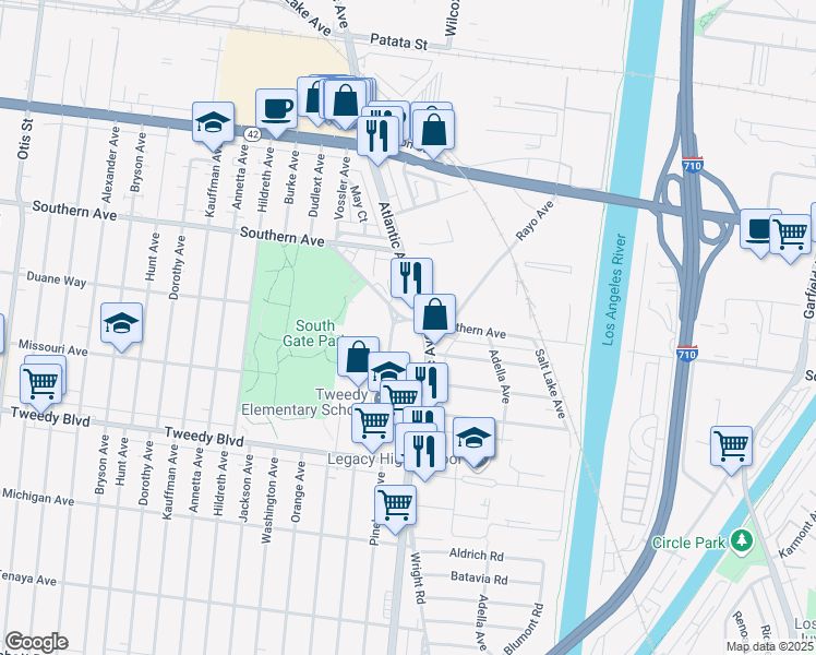 map of restaurants, bars, coffee shops, grocery stores, and more near 4986 Southern Avenue in South Gate