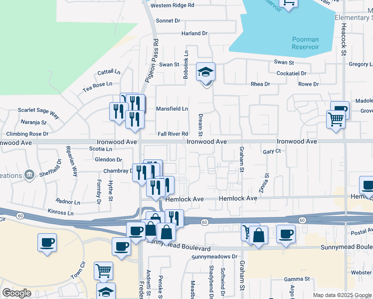 map of restaurants, bars, coffee shops, grocery stores, and more near 23215 Ironwood Avenue in Moreno Valley