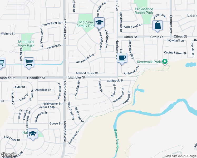 map of restaurants, bars, coffee shops, grocery stores, and more near 13965 Almond Grove Court in Corona
