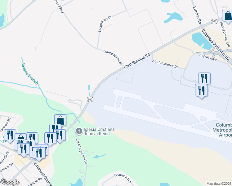map of restaurants, bars, coffee shops, grocery stores, and more near 3525 Air Commerce Drive in West Columbia