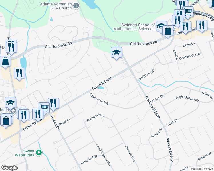 map of restaurants, bars, coffee shops, grocery stores, and more near 2202 Cruse Road Northwest in Lawrenceville