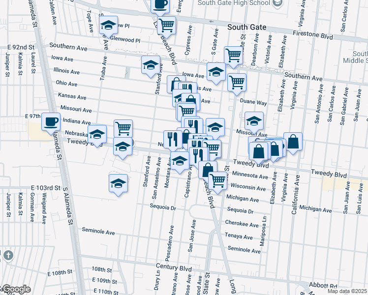 map of restaurants, bars, coffee shops, grocery stores, and more near 3034 Nebraska Avenue in South Gate