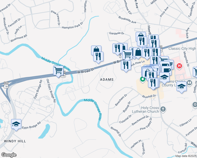 map of restaurants, bars, coffee shops, grocery stores, and more near 102 Riverside Drive in Athens