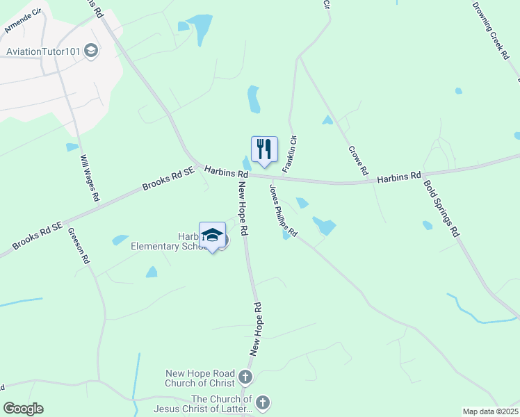 map of restaurants, bars, coffee shops, grocery stores, and more near 1951 Harbins Road in Dacula