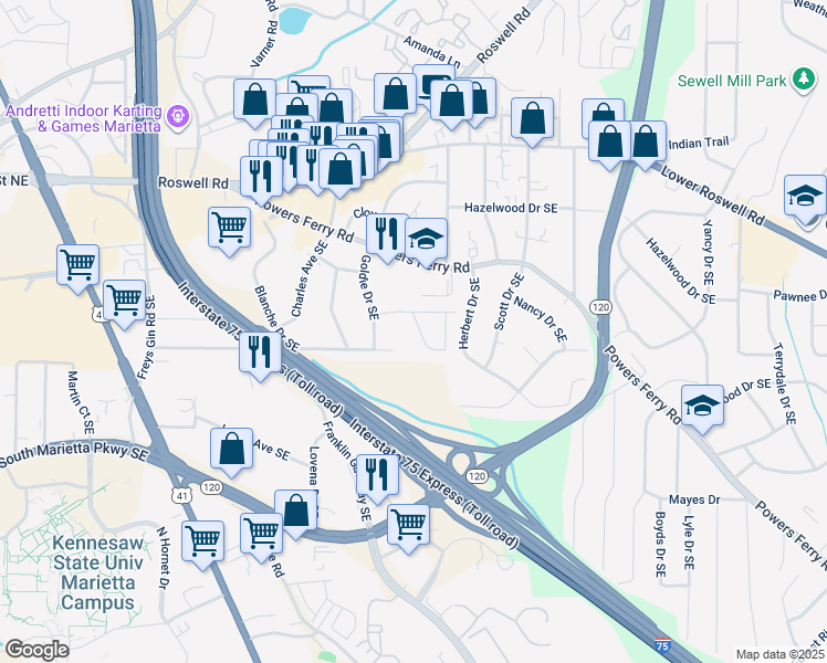 map of restaurants, bars, coffee shops, grocery stores, and more near 244 Pauladean Circle Southeast in Marietta