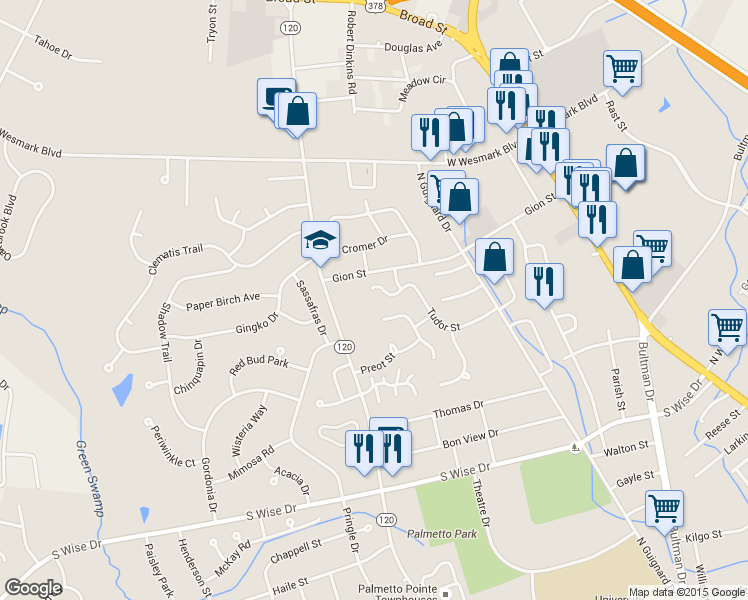 map of restaurants, bars, coffee shops, grocery stores, and more near 2250 Tudor Street in Sumter