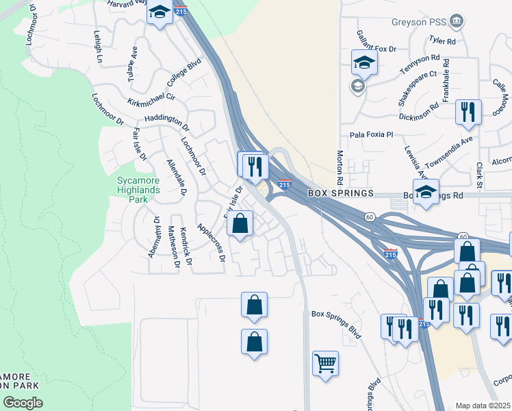 map of restaurants, bars, coffee shops, grocery stores, and more near 5880 Lochmoor Drive in Riverside