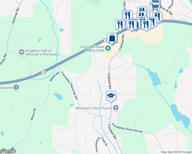 map of restaurants, bars, coffee shops, grocery stores, and more near 352 Fenbrook Way Southwest in Marietta