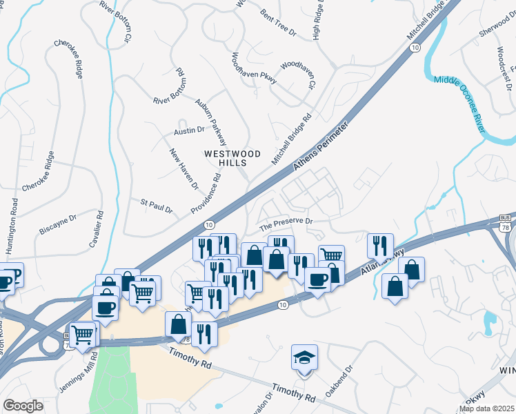 map of restaurants, bars, coffee shops, grocery stores, and more near 155 The Preserve Drive in Athens