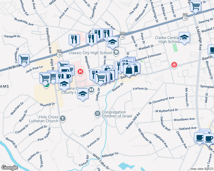 map of restaurants, bars, coffee shops, grocery stores, and more near 1088 Baxter Street in Athens