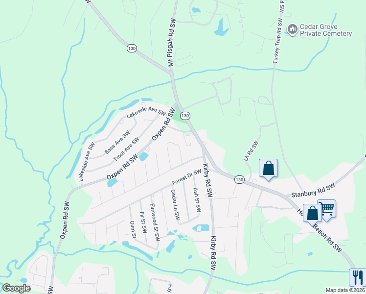 map of restaurants, bars, coffee shops, grocery stores, and more near 1850 Silent Grove Ave SW in Brunswick