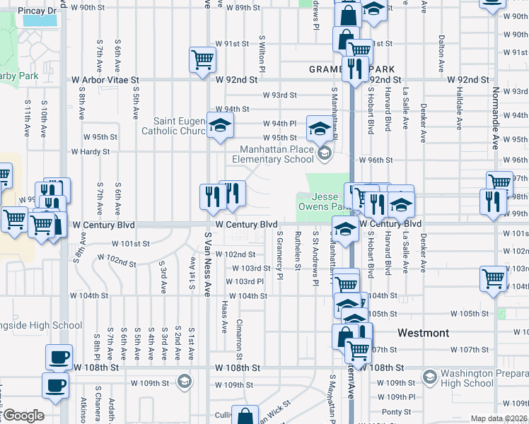 map of restaurants, bars, coffee shops, grocery stores, and more near 2022 West 99th Street in Los Angeles