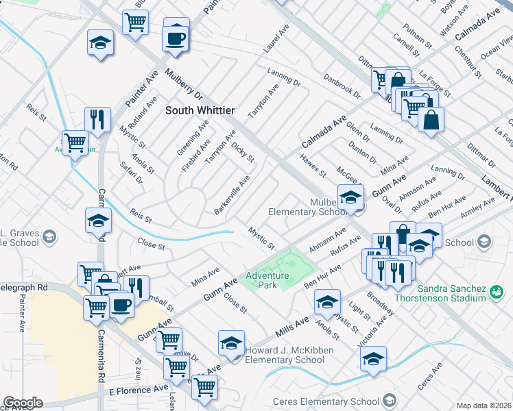 map of restaurants, bars, coffee shops, grocery stores, and more near 9703 Lanett Avenue in Whittier