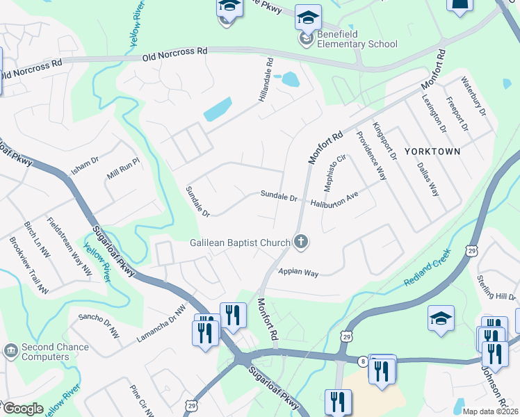 map of restaurants, bars, coffee shops, grocery stores, and more near 1400 Sundale Drive in Lawrenceville