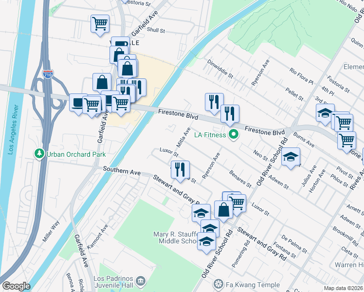 map of restaurants, bars, coffee shops, grocery stores, and more near 7113 Benares Street in Downey