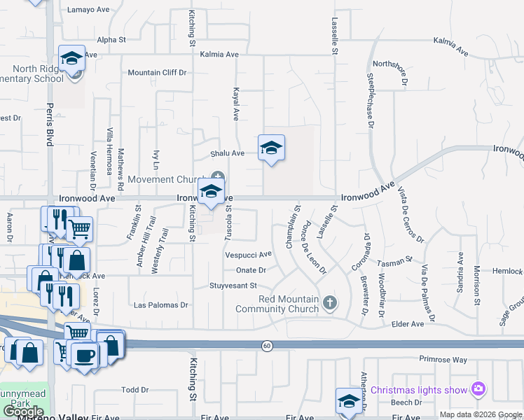 map of restaurants, bars, coffee shops, grocery stores, and more near 12013 Leif Erickson Drive in Moreno Valley