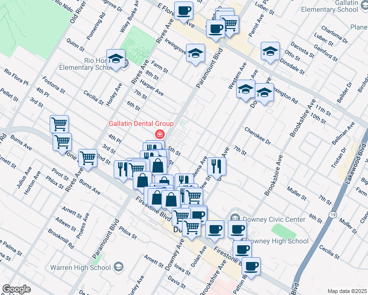 map of restaurants, bars, coffee shops, grocery stores, and more near 8108 Buell Street in Downey