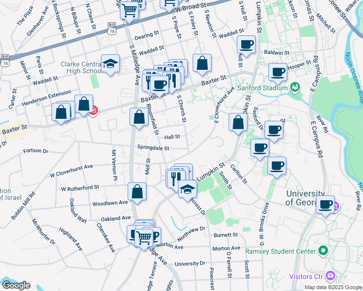 map of restaurants, bars, coffee shops, grocery stores, and more near 180 Hall Street in Athens