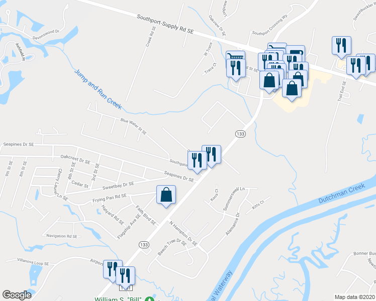 map of restaurants, bars, coffee shops, grocery stores, and more near 4856 Coastal Drive Southeast in Southport