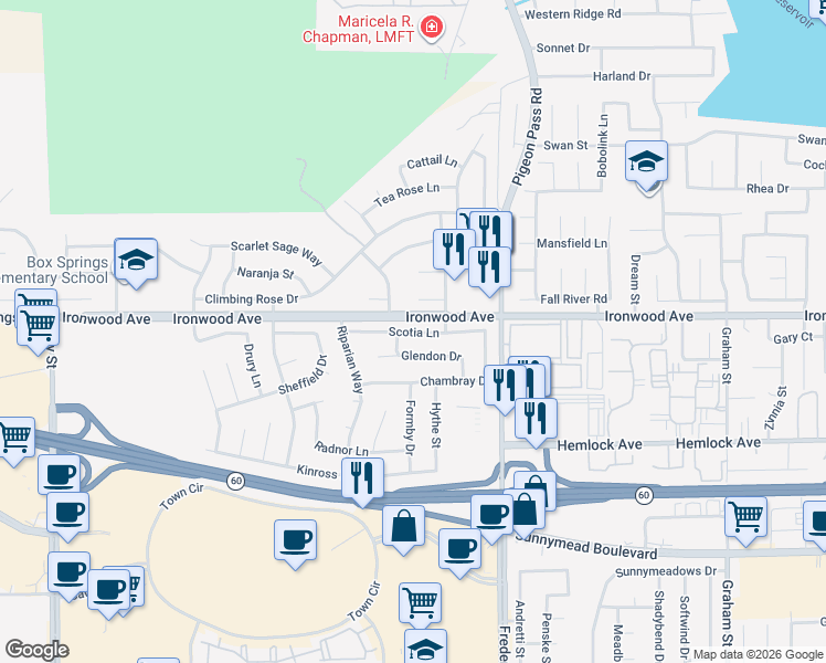map of restaurants, bars, coffee shops, grocery stores, and more near 22862 Scotia Lane in Moreno Valley