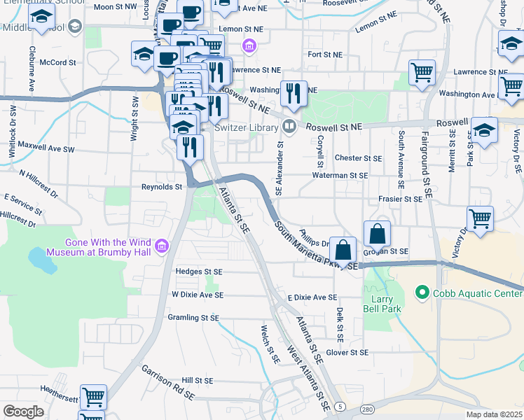 map of restaurants, bars, coffee shops, grocery stores, and more near 408 Niles Court in Marietta