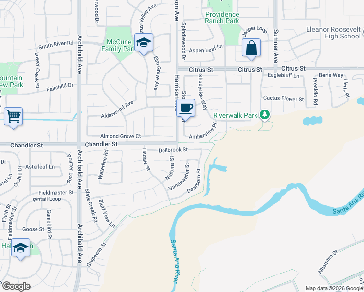 map of restaurants, bars, coffee shops, grocery stores, and more near 13761 Amberview Place in Corona