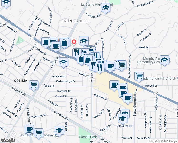 map of restaurants, bars, coffee shops, grocery stores, and more near 15236 Whittier Boulevard in Whittier
