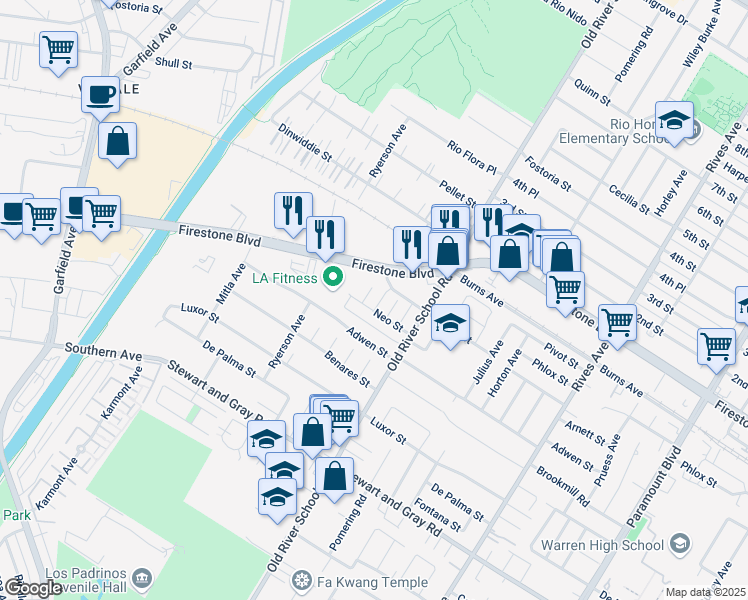 map of restaurants, bars, coffee shops, grocery stores, and more near 11506 Haro Avenue in Downey