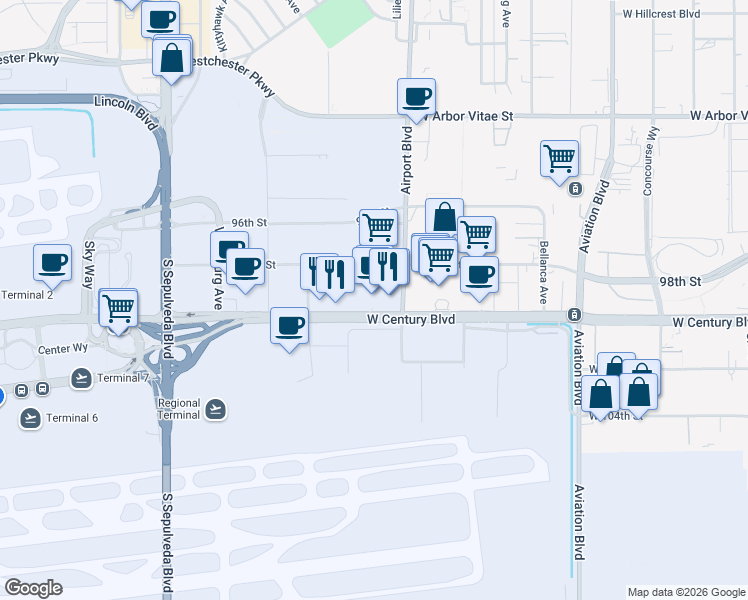 map of restaurants, bars, coffee shops, grocery stores, and more near 5933 West Century Boulevard in Los Angeles