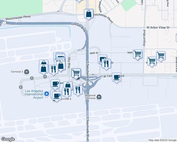 map of restaurants, bars, coffee shops, grocery stores, and more near 6135 West 98th Street in Los Angeles