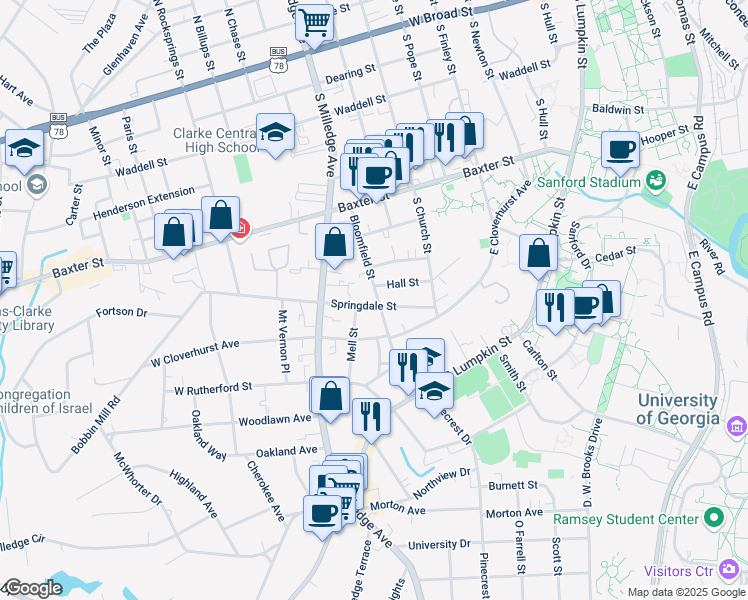 map of restaurants, bars, coffee shops, grocery stores, and more near 120 Hall Street in Athens