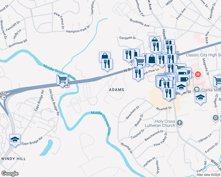 map of restaurants, bars, coffee shops, grocery stores, and more near in Athens
