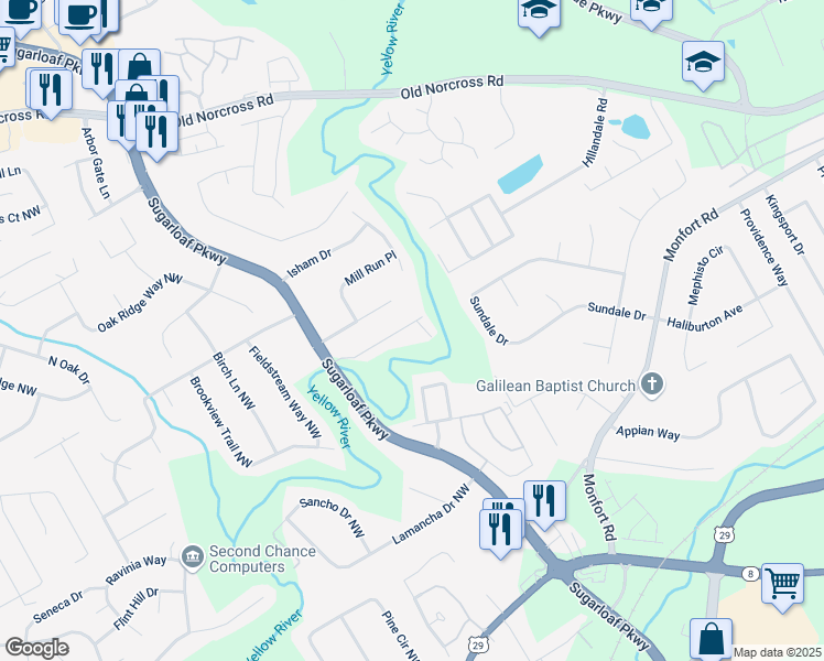 map of restaurants, bars, coffee shops, grocery stores, and more near 2265 Rosemary Park Lane in Lawrenceville