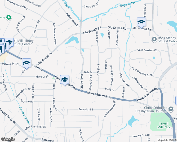map of restaurants, bars, coffee shops, grocery stores, and more near 94 Holt Road Northeast in Marietta