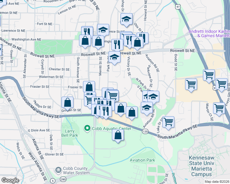 map of restaurants, bars, coffee shops, grocery stores, and more near 681 Frasier Circle Southeast in Marietta