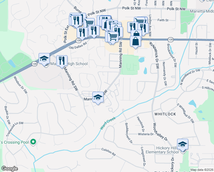 map of restaurants, bars, coffee shops, grocery stores, and more near 260 Manning Road Southwest in Marietta