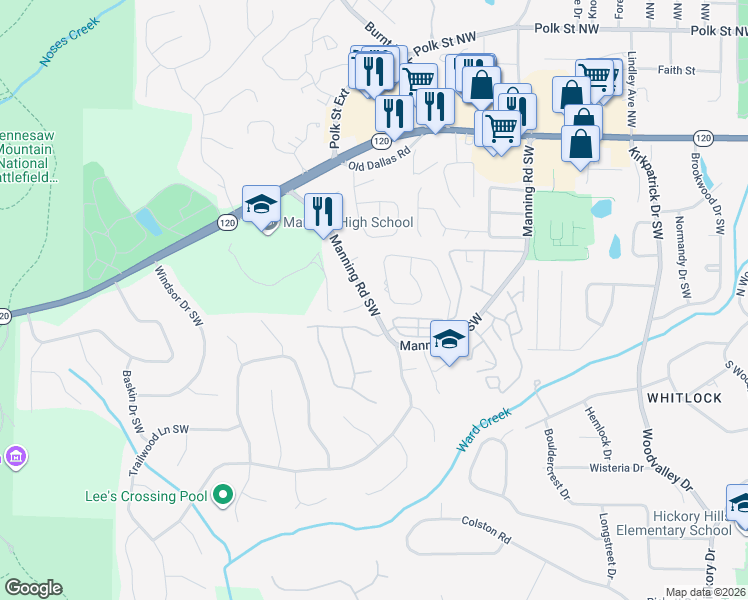 map of restaurants, bars, coffee shops, grocery stores, and more near 580 Manning Road Southwest in Marietta