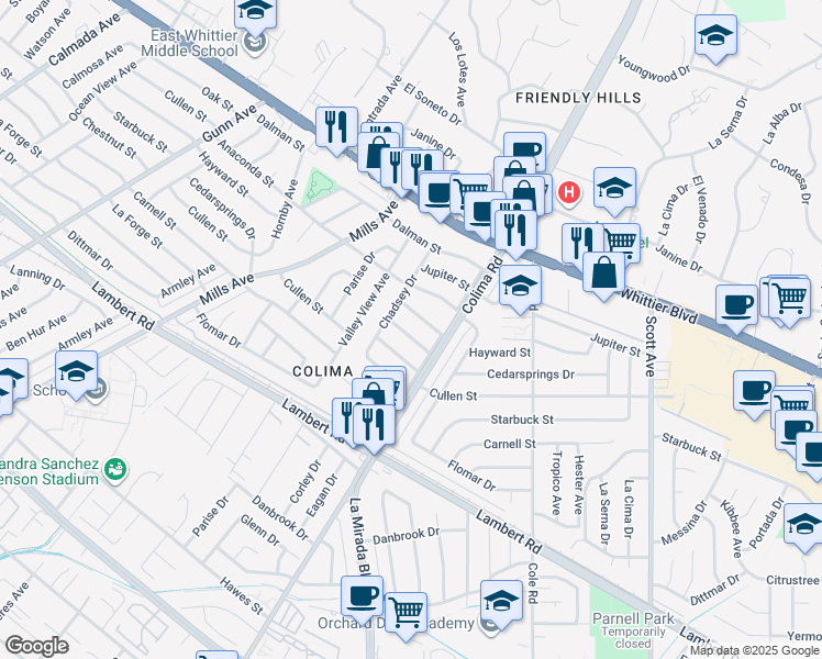 map of restaurants, bars, coffee shops, grocery stores, and more near 14837 Hayward Street in Whittier