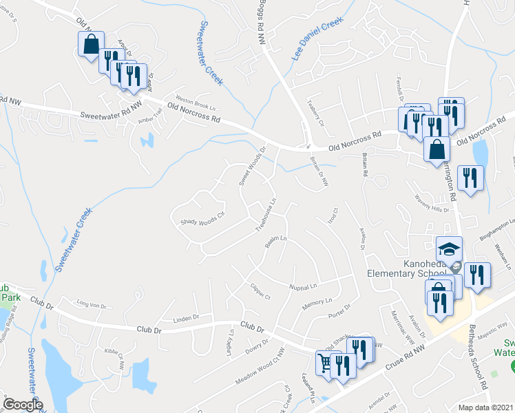 map of restaurants, bars, coffee shops, grocery stores, and more near 1260 Oak Arbour Avenue in Lawrenceville